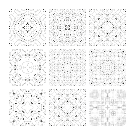 A set of complex monochrome vector geometric patterns. Seamless backgrounds to help design inspiration. Abstract drawings of repeated square elements.のイラスト素材