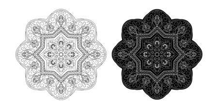 Mandala. Ethnic Amulet. Black and white decorative element, round ornamental geometric doily pattern.のイラスト素材