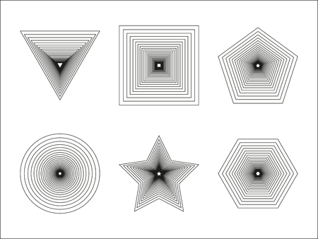 Geometrical figures: circle, square, triangle, star, pentagon, hexagon. Black and white vector striped patternのイラスト素材