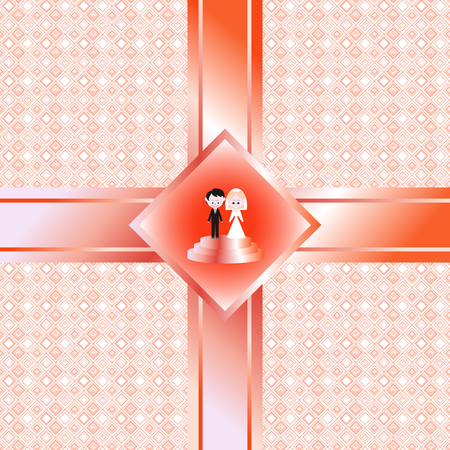 Abstract people, man and woman in the center of the holiday decoration of the invitation card with a strict geometric pattern on the red background. Wedding figures of the newlyweds. Vectorのイラスト素材