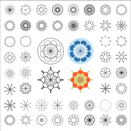 The constructor of flowers. A set of simple elements for creating colors. In the middle - four large flowers, collected from the same simple parts.のイラスト素材