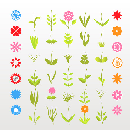 The designer of flowers. A set of simple elements, a large set of simple elements of leaves and flowers branches on a white background. Stylized summer or spring flowers, floral design elements. Vector illustration.のイラスト素材