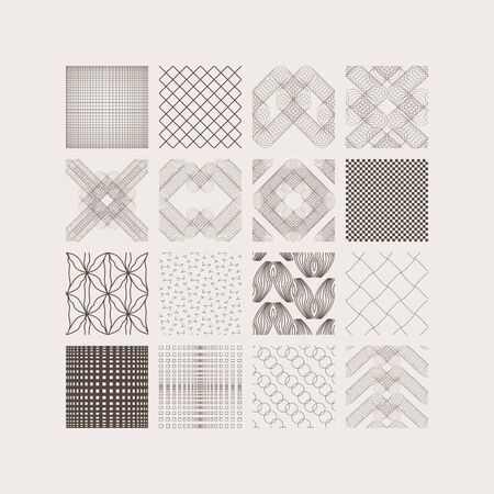Set of seamless interlaced lines, circles, curves. Squares with different style of pattern for...