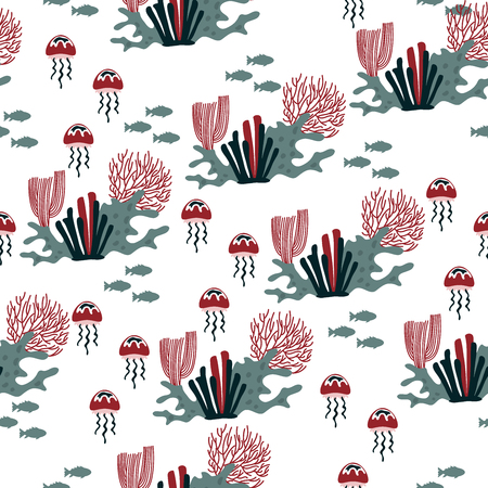 Vector pattern with corals, jellyfish and fish.のイラスト素材