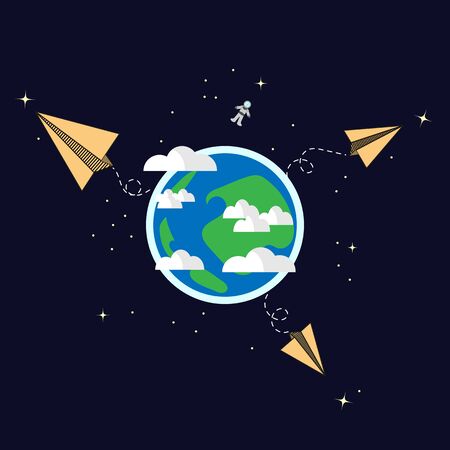 Paper airplanes in space with spaceman on the orbitのイラスト素材