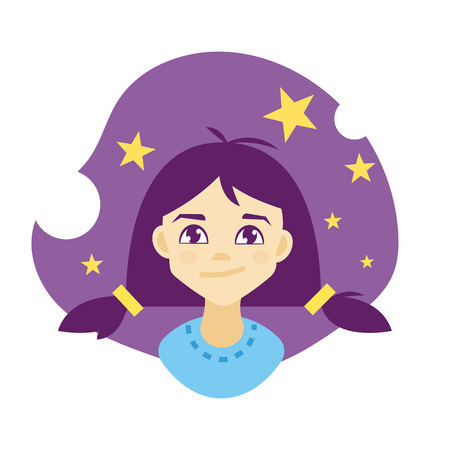 Illustration of a curious girl dreaming about stars. Vector clip art.のイラスト素材