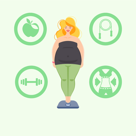 Illustration depicting a plump woman dreaming to lose weight. Fitness icon set.のイラスト素材