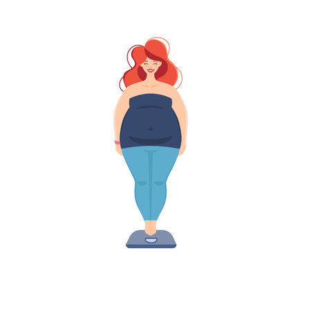 Illustration depicting a plump woman on an weighing scales.のイラスト素材