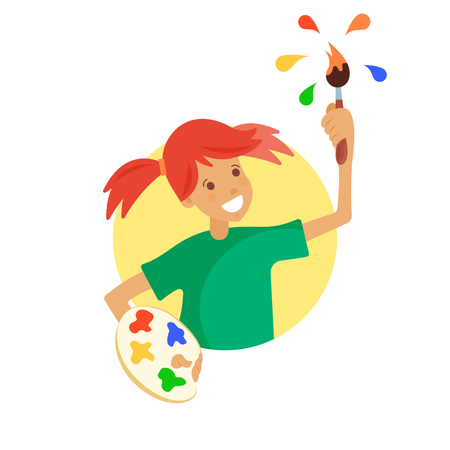 Vector illustration of a happy kid painting with brush and paints.のイラスト素材
