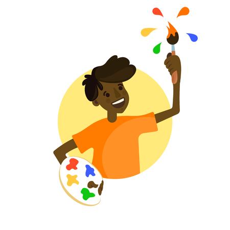 Vector illustration of a happy kid painting with brush and paints.のイラスト素材