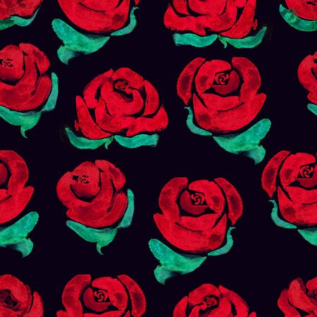 Pattern with watercolor roses. Loose brushstrokes on dark background. Design element for textile or any surface.の写真素材