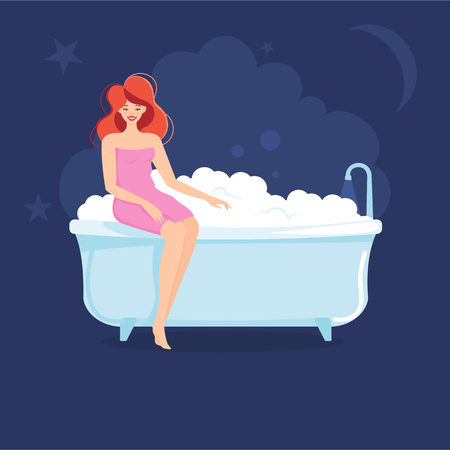 Young woman is taking a care of herself before going to sleep. Girl in the bathroom. Vector illustration.のイラスト素材