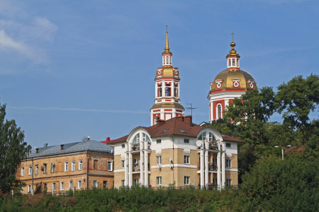 Russia, Kirov region, Kirov, August 2021: view of the houses and the Cathedral of the Savior of the...