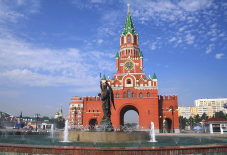 Yoshkar-Ola, Republic of Mari El, Russia - 08.20.2021. The Annunciation Tower and the Archangel Gabriel Fountain Monumentの写真素材