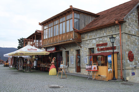 Mtskheta, Georgia - 12.07.2018. Streets of the ancient capital. Shops and restaurants.