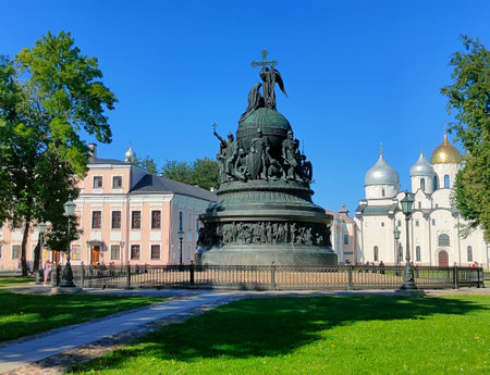 Russia, Novgorod region, Veliky Novgorod - 08/07/2023. The Millennium of Russia monument on the territory of the Novgorod Kremlinのeditorial素材