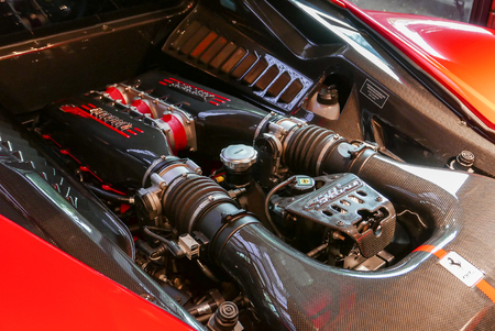 close up of Red Ferrari F430 Scuderia Engine system with logotype. at Bangkok, Thailand, July 2017 ;...