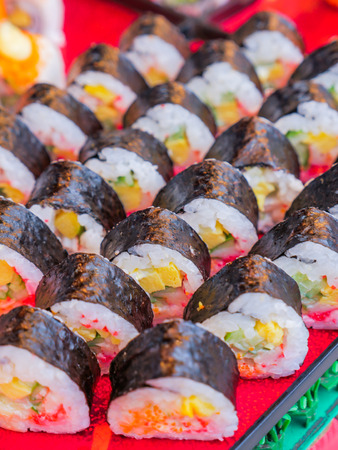 Sushi norimaki, Japanese Cuisine. japanese rice, cucumber, egg omelette roll warpped with seaweedの写真素材