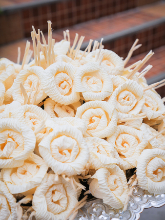 Dok Mai Chan. Thai artificial flowers used during a funeral. kind of wood flower to be placed on the site of cremation.の写真素材