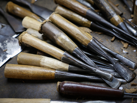set of wood carving tools, Carpenter wood chisel tool.の写真素材