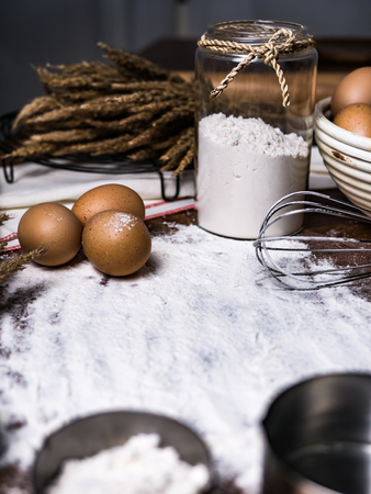 Pastry Baking Accessories Bakery Background with flour and whisk.の写真素材