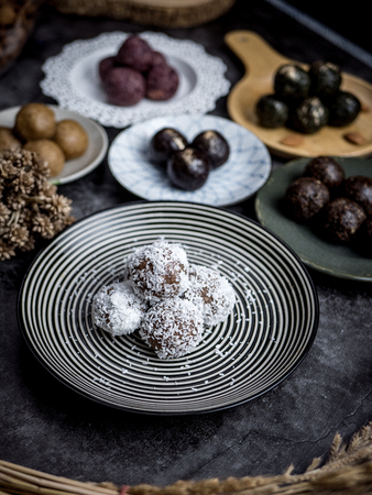 Healthy organic date energy balls with dried fruits and nuts.の写真素材