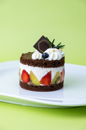 Delicious Chocolate cake with whip cream and fruit. Set on green background.の写真素材