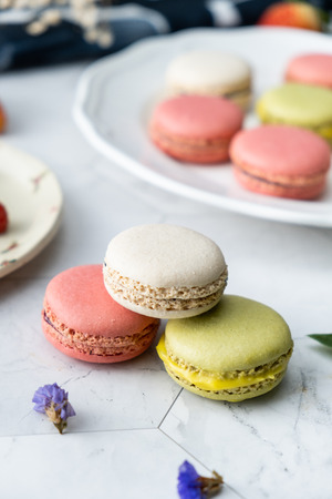 Macaron cookies dessert. Set on cafe table.の写真素材