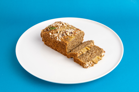 Almond bread loaf with Almond diced and Banana sliced.