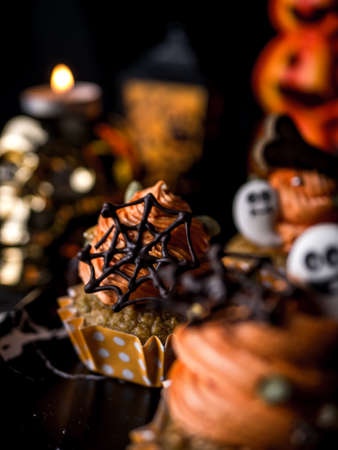 Halloween Party Bakery Table with  Cupcake Muffin and cookies.の写真素材