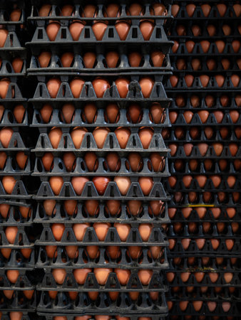 Pile stacks of brown eggs in trays from an agricultural egg farm factory. For wholesale market.
