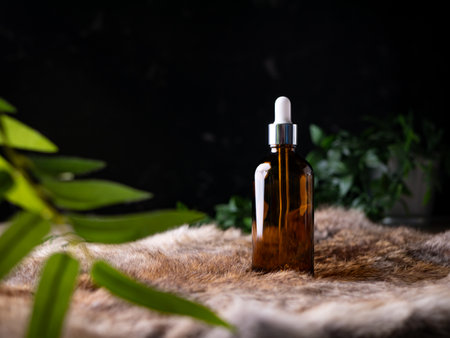 Dropper Pipette bottle for Cosmetic serum, essential oil, Herbal Aroma Theraphy oil set on dark background.の写真素材