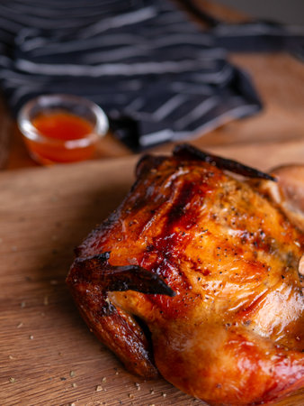 Crispy Roasted Whole Chicken Close-Up.の写真素材