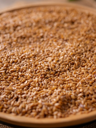 Organic golden flaxseed, linseed grains. Superfood high in fiber.の写真素材