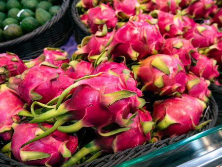 Dragon fruit on supermarket shelf.の写真素材