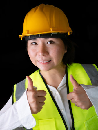 factory woman workers or technicians civil Engineer or Architecture project management give thumb up.の写真素材
