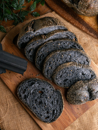 Fresh baked black charcoal sourdough ciabatta bread sliced on wooden board