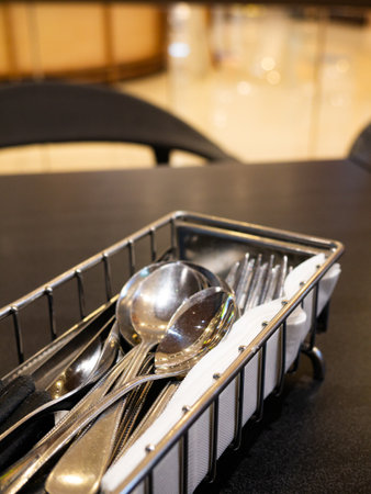 Silverware Cutlery utensils set with folk knife Spoon on restaurant table for customers.の写真素材