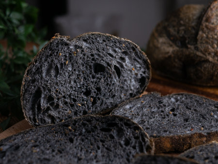 Fresh baked black charcoal sourdough ciabatta bread sliced on wooden board