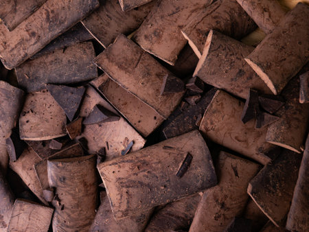 Chunk of cacoa mass bar or cocoa liquor. 100% pure cocoa chocolate.の写真素材