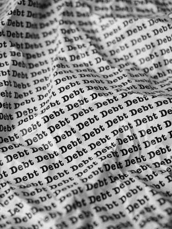 Words Debt Seamless print on crumpled paper for business background.の写真素材