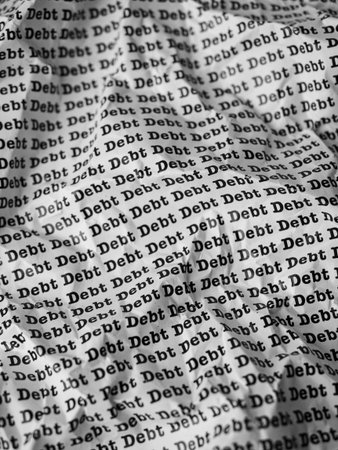 Words Debt Seamless print on crumpled paper for business background.の写真素材