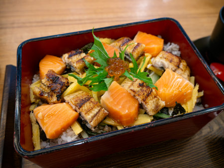 Japanese Bento Box with Unagi Don and Salmon Sashimi. Grilled Eel and Fresh Salmon on rice set.