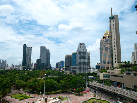Bangkok cityscape skyline Thailand, Lumphini Public park and Bangkok cityscape in metropolis city.
