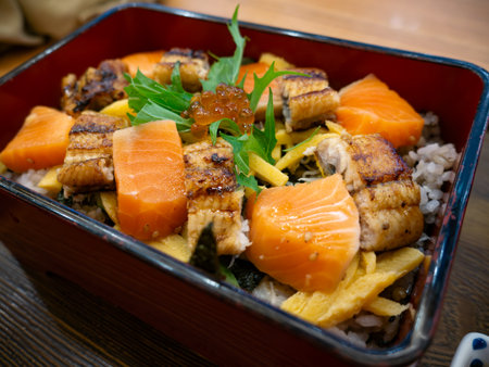 Japanese Bento Box with Unagi Don and Salmon Sashimi. Grilled Eel and Fresh Salmon on rice set.