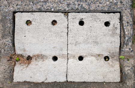 Old Rectangular Urban Drain Cover Made of Metal Grate and Concrete.の写真素材