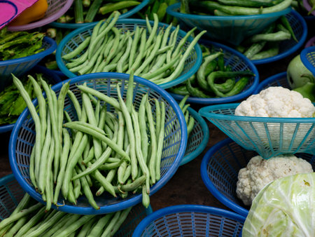 Fresh Vegetables Including Long Beans Cabbage Bottle Gourd and Calabash on Market Stall.の写真素材