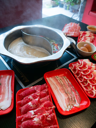 Hotpot Shabu Sukiyaki Set with Sliced Meat, Noodles, and Dumplings on Restaurant Tableの写真素材