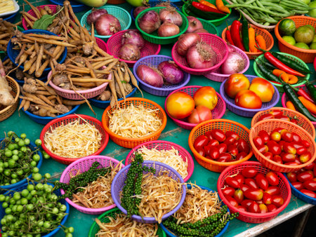 Fresh Vegetables and Herbs on Display at Asian Market Stall.の写真素材