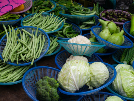 Fresh Vegetables Including Long Beans Cabbage Bottle Gourd and Calabash on Market Stall.の写真素材